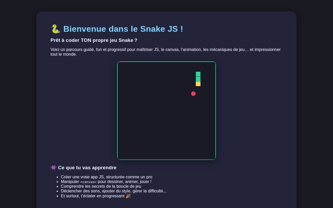 Aperçu du projet Snake (cours interactif)